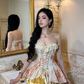 Golden A Line Sweetheart Neck Lace Satin Short Prom Dress Homecoming Dress SH4461