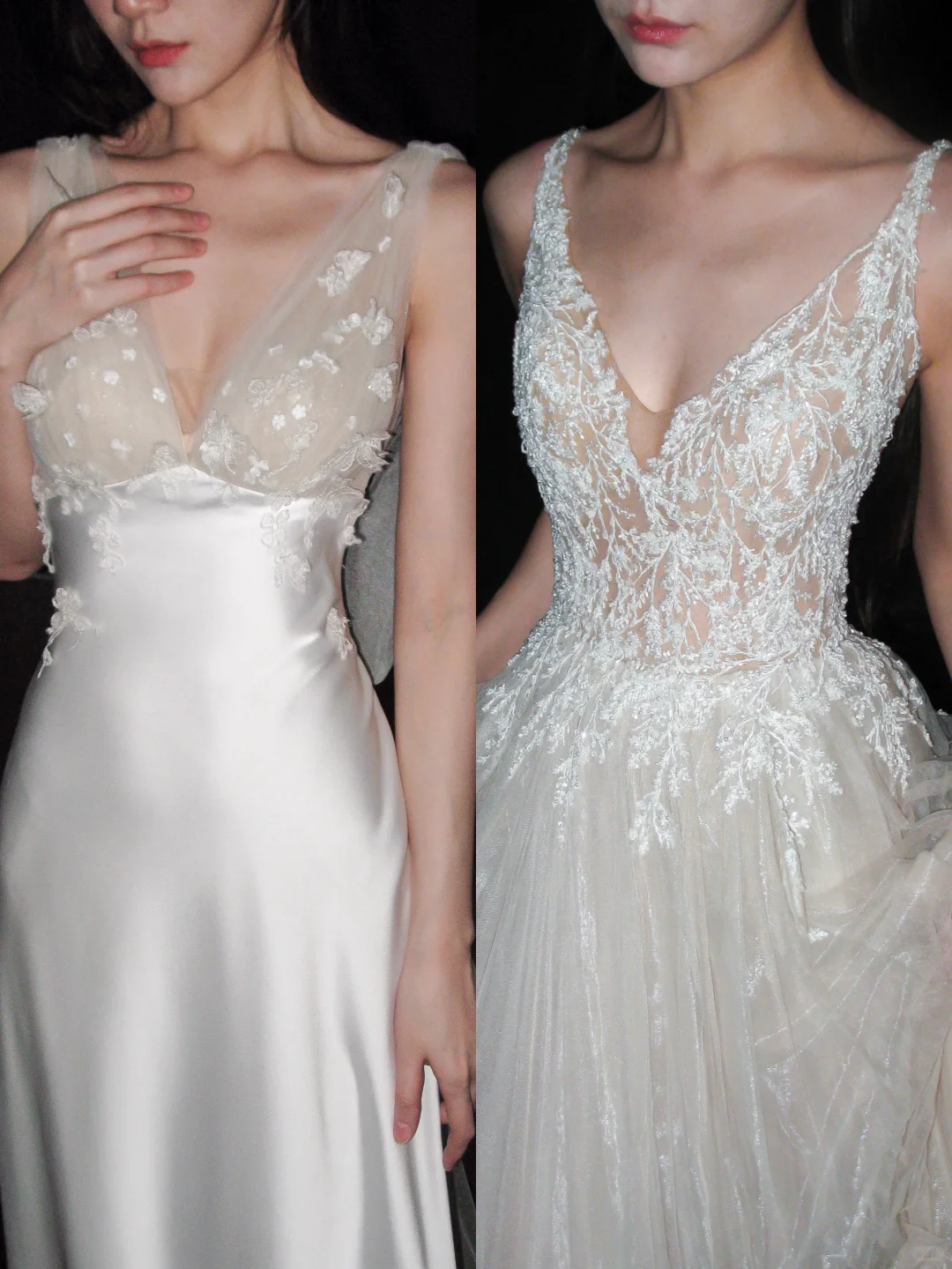 Chic A Line V Neck Apricot Applique White Satin Long Wedding Dress SH8905