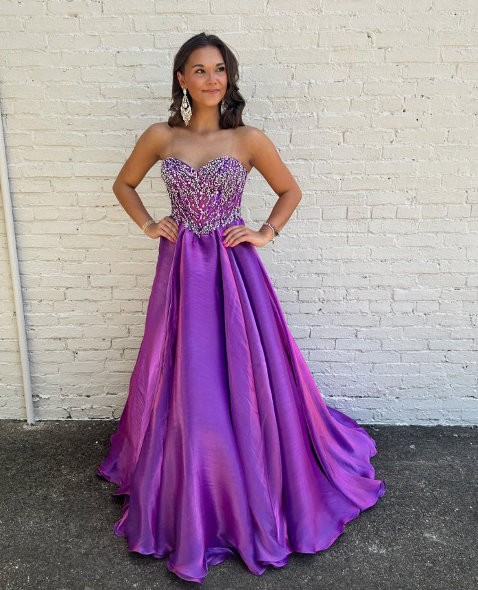 Shiny A Line Sweetheart Neck Beaded Purple Satin Long Prom Dress Evening Dress SH6803