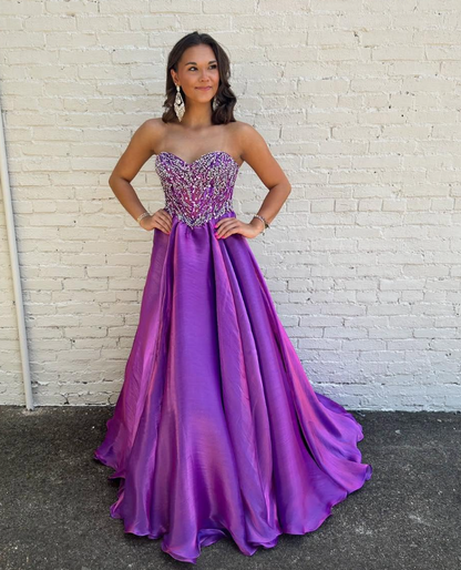 Shiny A Line Sweetheart Neck Beaded Purple Satin Long Prom Dress Evening Dress SH6803