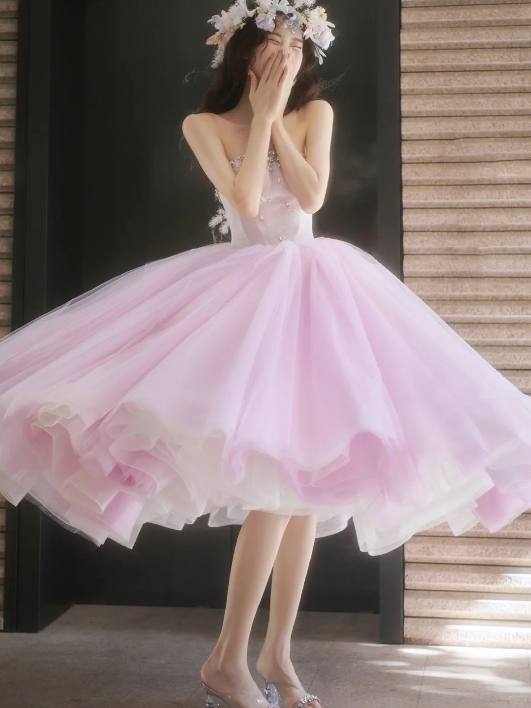 Gentle A Line Strapless Rhinestone Purple Tulle Party Dress Evening Dress SH3216