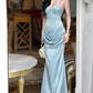 Blue Print Mermaid Spaghetti Straps Satin Long Prom Dress Evening Dress SH8801