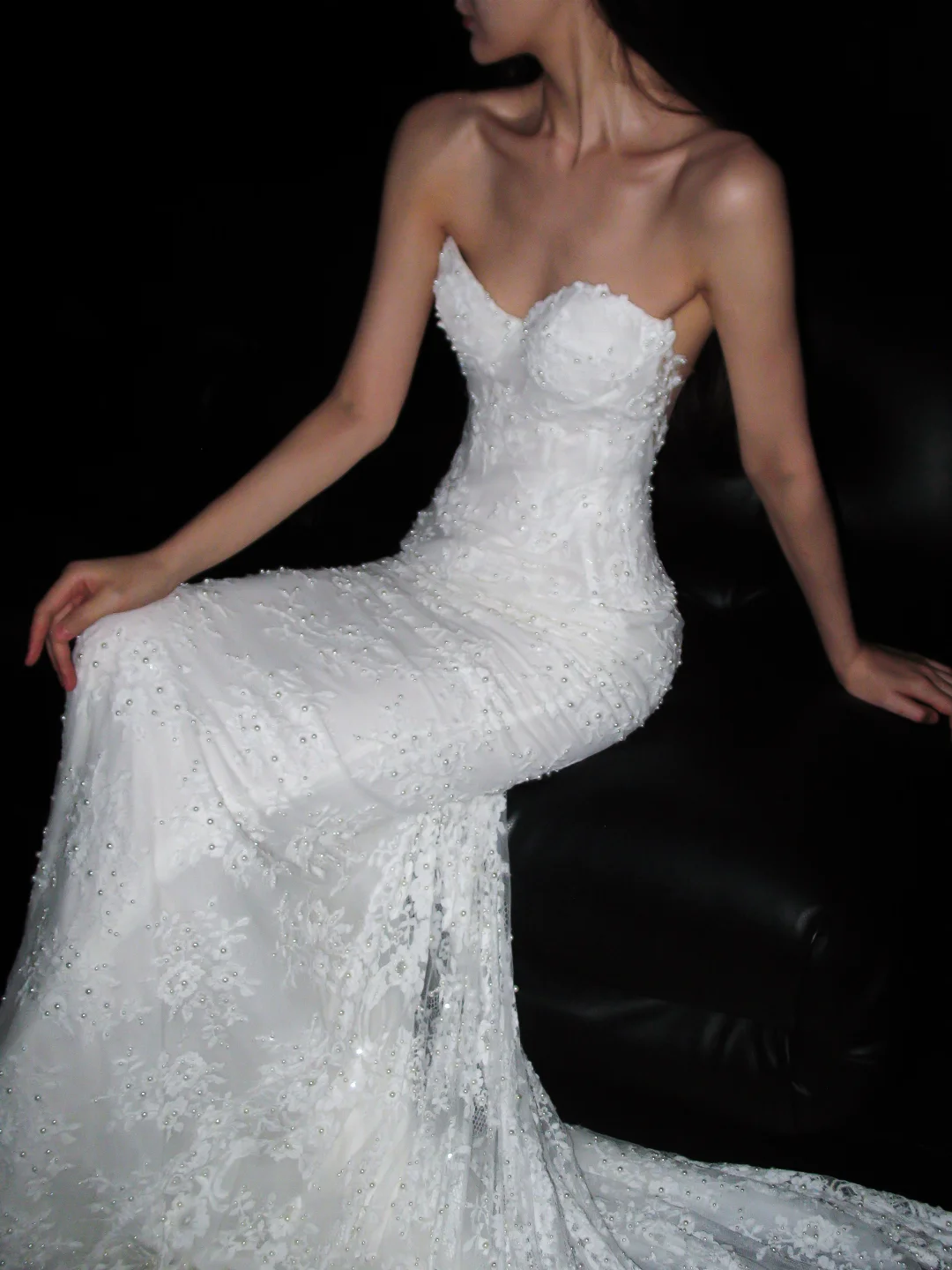 White Mermaid Sweetheart Neck Lace Long Sweep Wedding Dress SH5970