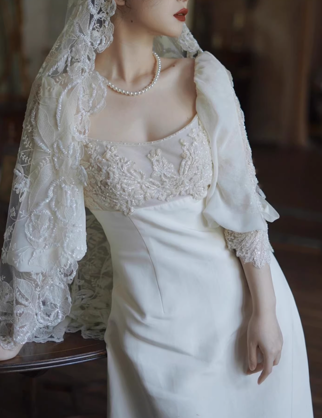 Vintage A Line Long Sleeve White Beaded Satin Long Wedding Dress SH5038