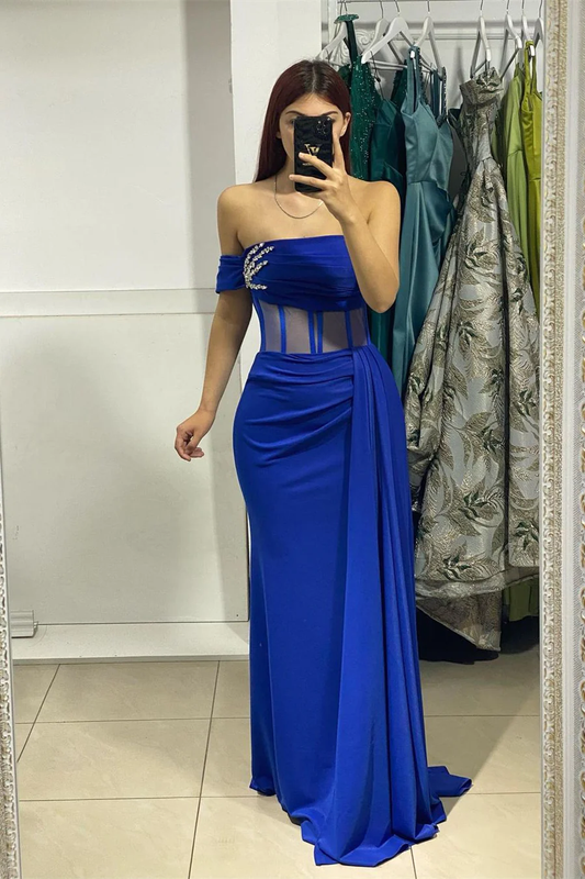 Charming Long Royal Blue Strapless Prom Dress With Beaded  SH833