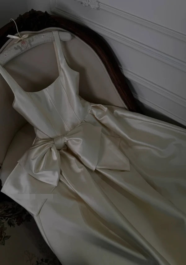 Elegant A Line Strap Exquisite Bow Knot White Satin Prom Dress Evening Dress SH8774
