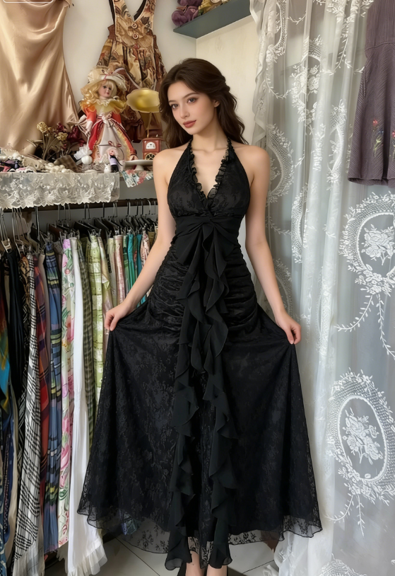 Vintage Mermaid Halter Sleeveless Long Black Lace Evening Dress Prom Dresses SH3093 Vintage Mermaid Halter Sleeveless Long Black Lace Evening Dress Prom Dresses SH3093