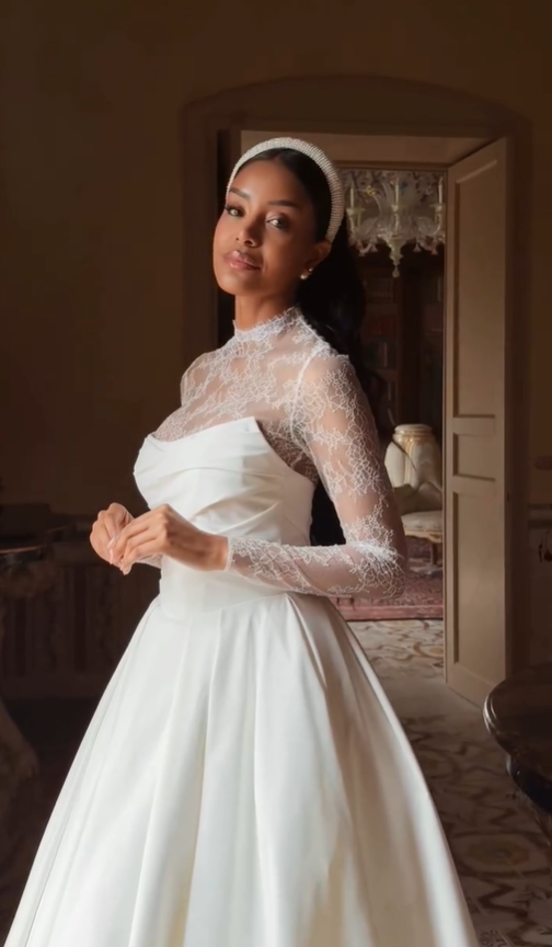 Elegant A Line High Neck Long Sleeve White Lace Satin Wedding Dress SH6022