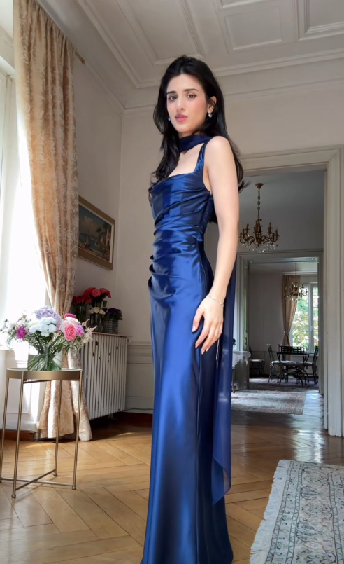 Elegant Sheath Strap Royal Blue Satin Long Prom Dress Wedding Guest Dress SH5353