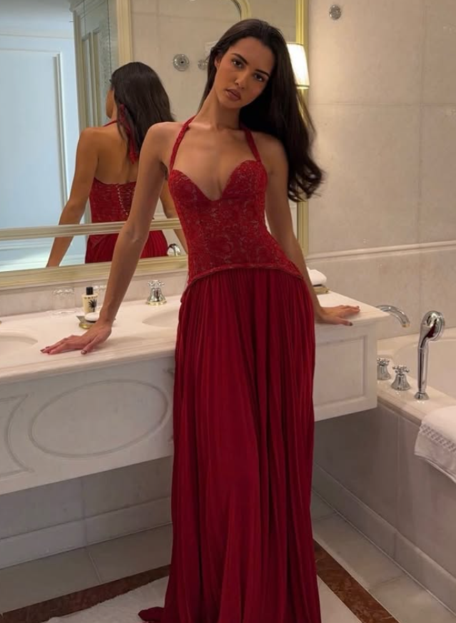 Sexy Burgundy A Line Halter Lace Chiffon Prom Dress Evening Dress SH6275