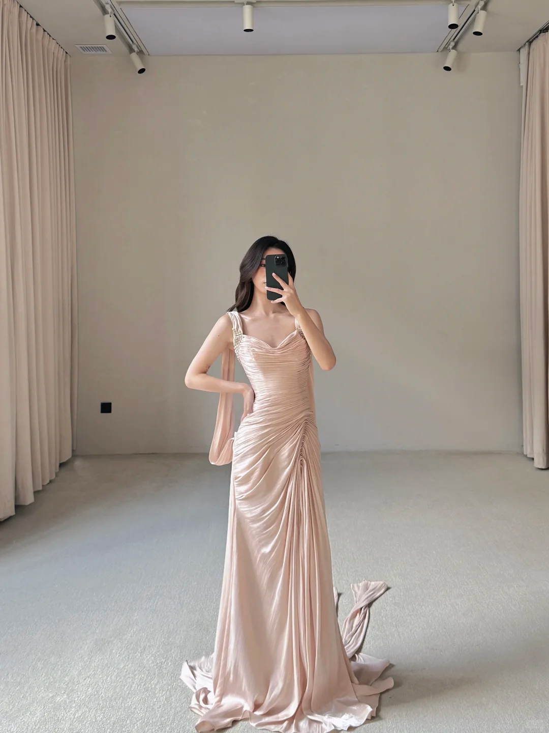 Light Pink Sheath Straps Beaded Pleated Satin Long Wedding Guest Dress Prom Dress SH4759