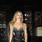 Sexy Sheath V Neck Pearl Black Satin Long Prom Dress Evening Dress with Slit SH2113