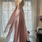 Classy A Line V Neck Beaded Pink Chiffon Satin Long Party Dress Evening Dress SH2937