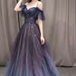 Purple tulle off shoulder A-line long prom dress, purple evening dress KS7899