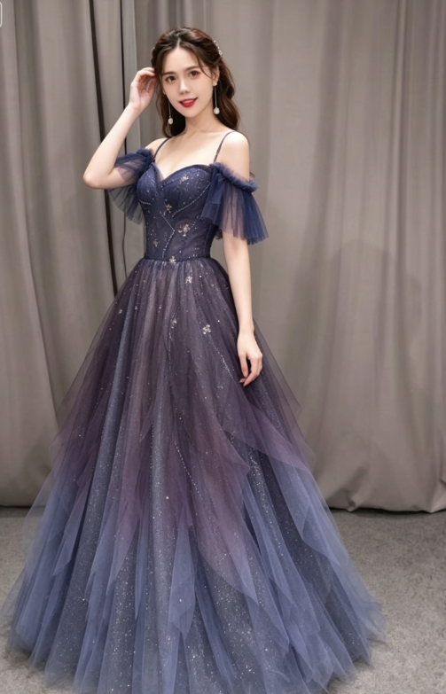 Purple tulle off shoulder A-line long prom dress, purple evening dress KS7899