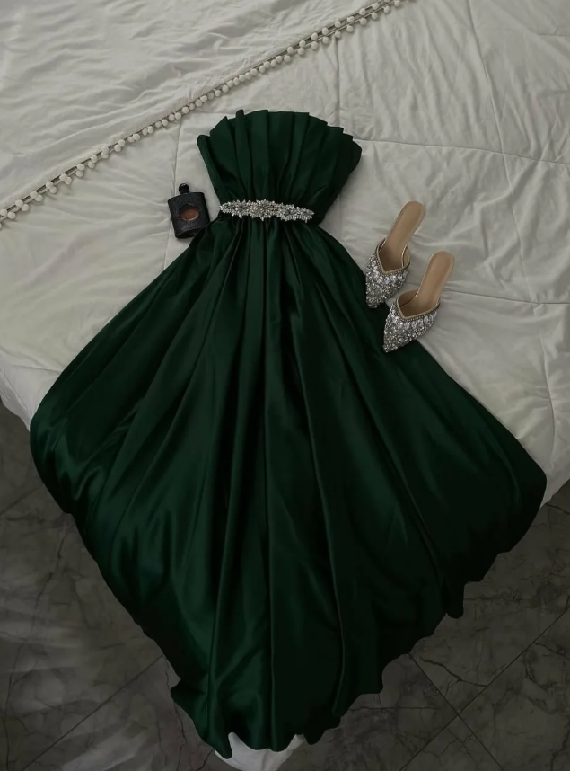 Emerald A Line Strapless Beaded Pleated Satin Long Prom Dress Evening Dress SH7309