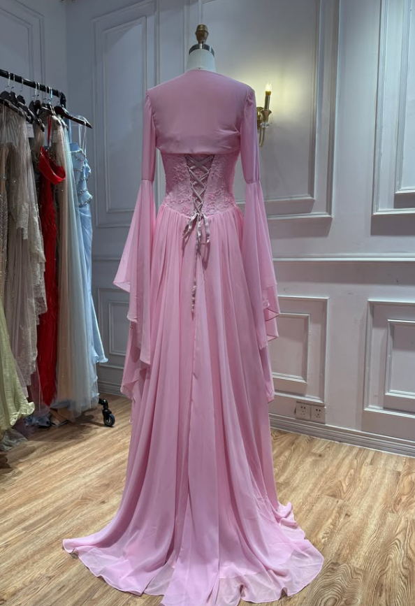 Gentle Pink Long Sleeve Chiffon Lace Long Prom Dress Evening Dress SH8947