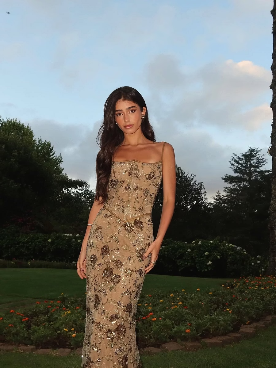 Glod-brown Spaghetti Straps Long Mermaid Prom Dress With Sequins And Embroidery Appliques SH8532