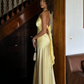 Elegant A Line Halter Yellow Bow Satin Open Back Prom Dress Graduation Prom Dress SH2589