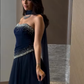 Elegant Navy Blue A Line Strapless Beaded Tulle Prom Dress Wedding Guest Dress SH5389