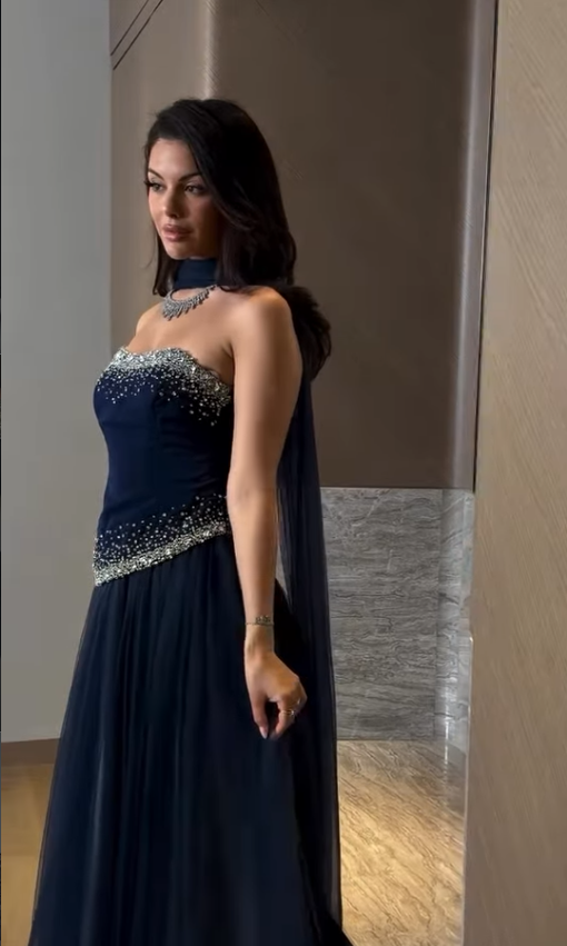 Elegant Navy Blue A Line Strapless Beaded Tulle Prom Dress Wedding Guest Dress SH5389