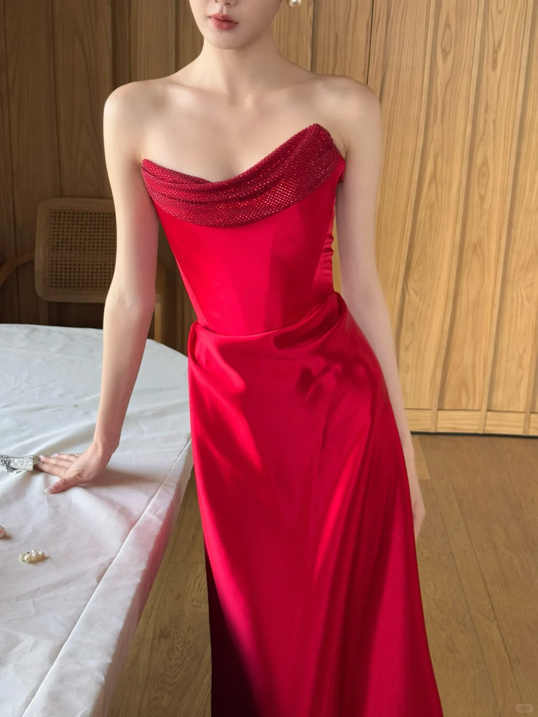 Elegant A Line Strapless Red Charming Satin Prom Dress Party Dress SH4736