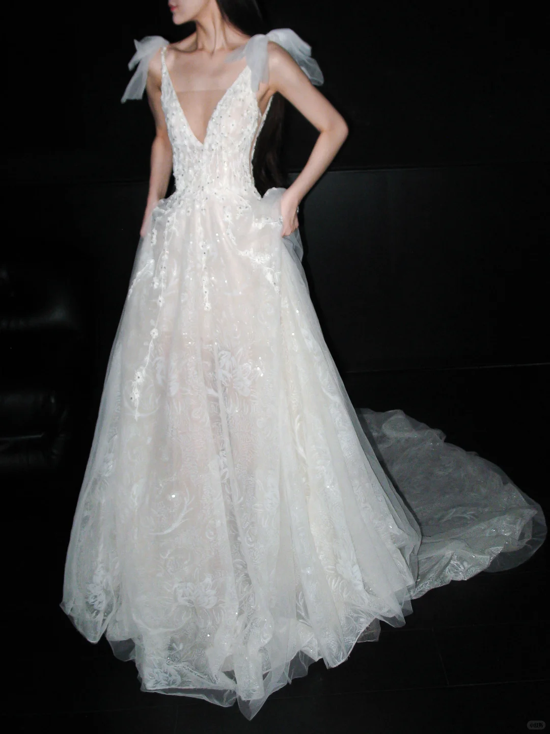 Princess A Line V Neck White Beaded Sequin Lace Tulle Long Wedding Dress SH8917
