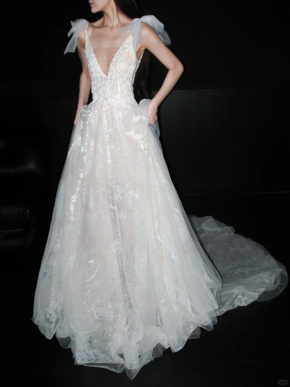 Princess A Line V Neck White Beaded Sequin Lace Tulle Long Wedding Dress SH8917
