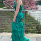 Green V-Neck Satin Chiffon Ruffle Long Prom Dress Mermaid Slit Evening Dress  SH1530