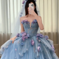 Blue Floral Ball Gown Sweetheart Neck Exquisite Beaded Tulle Long Prom Dress SH5031