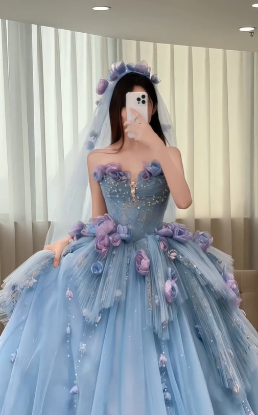 Blue Floral Ball Gown Sweetheart Neck Exquisite Beaded Tulle Long Prom Dress SH5031