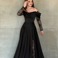 Elegant Black A Line Long Sleeve Lace Satin Prom Dress Evening Dress SH6013