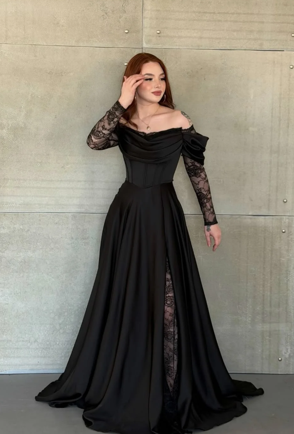 Elegant Black A Line Long Sleeve Lace Satin Prom Dress Evening Dress SH6013
