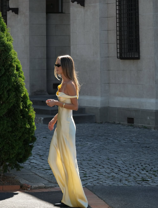 Elegant Light Yellow A Line Strap Satin Long Prom Dress Evening Dress SH3952
