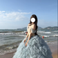 Dreamy Blue Ball Gown Off the Shoulder Beaded Tulle Prom Dress 16th Birthday Dress SH5028