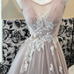 Dusty Rose Quartz A Line Round Neck White Appliques Tulle Long Party Dress Prom Dress Formal Dress SH3854