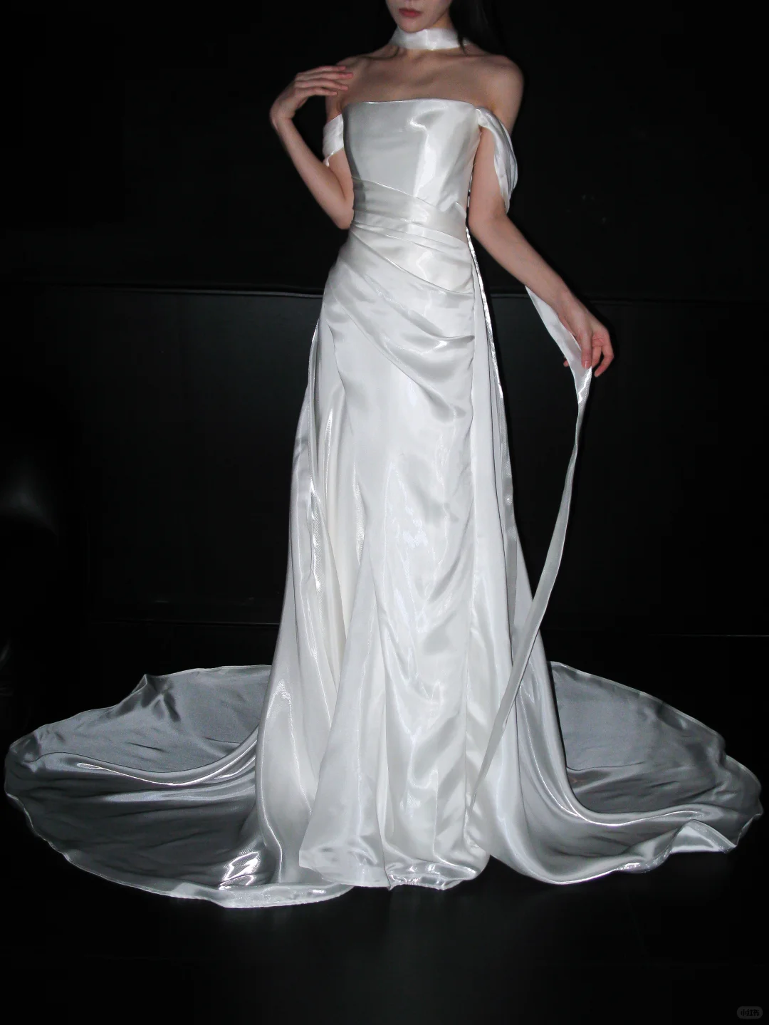 Elegant A Line Off the Shoulder White Pleated Satin Long Wedding Dress SH8906