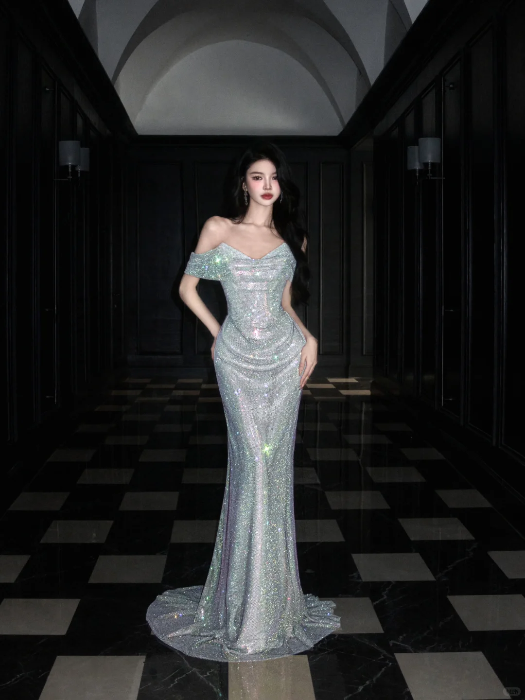 Shiny Mermaid Off the Shoulder Silver Sequin Long Evening Dress Ball Gown SH3489