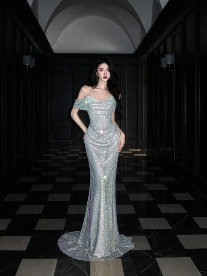 Shiny Mermaid Off the Shoulder Silver Sequin Long Evening Dress Ball G shinydress Shiny Mermaid Off the Shoulder Silver Sequin Long Evening Dress Ball G shinydress