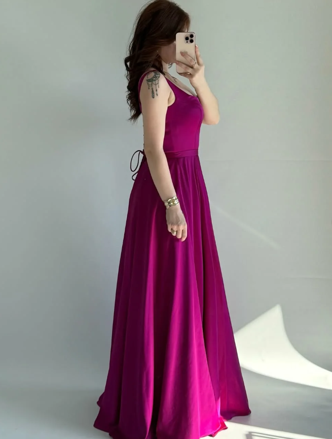 Simple Pink A Line Spaghetti Straps Satin Prom Dress Date Dress SH5550
