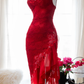 Sexy Sheath Spaghetti Strap Red Lace Chiffon Party Dress Evening Dress SH2956