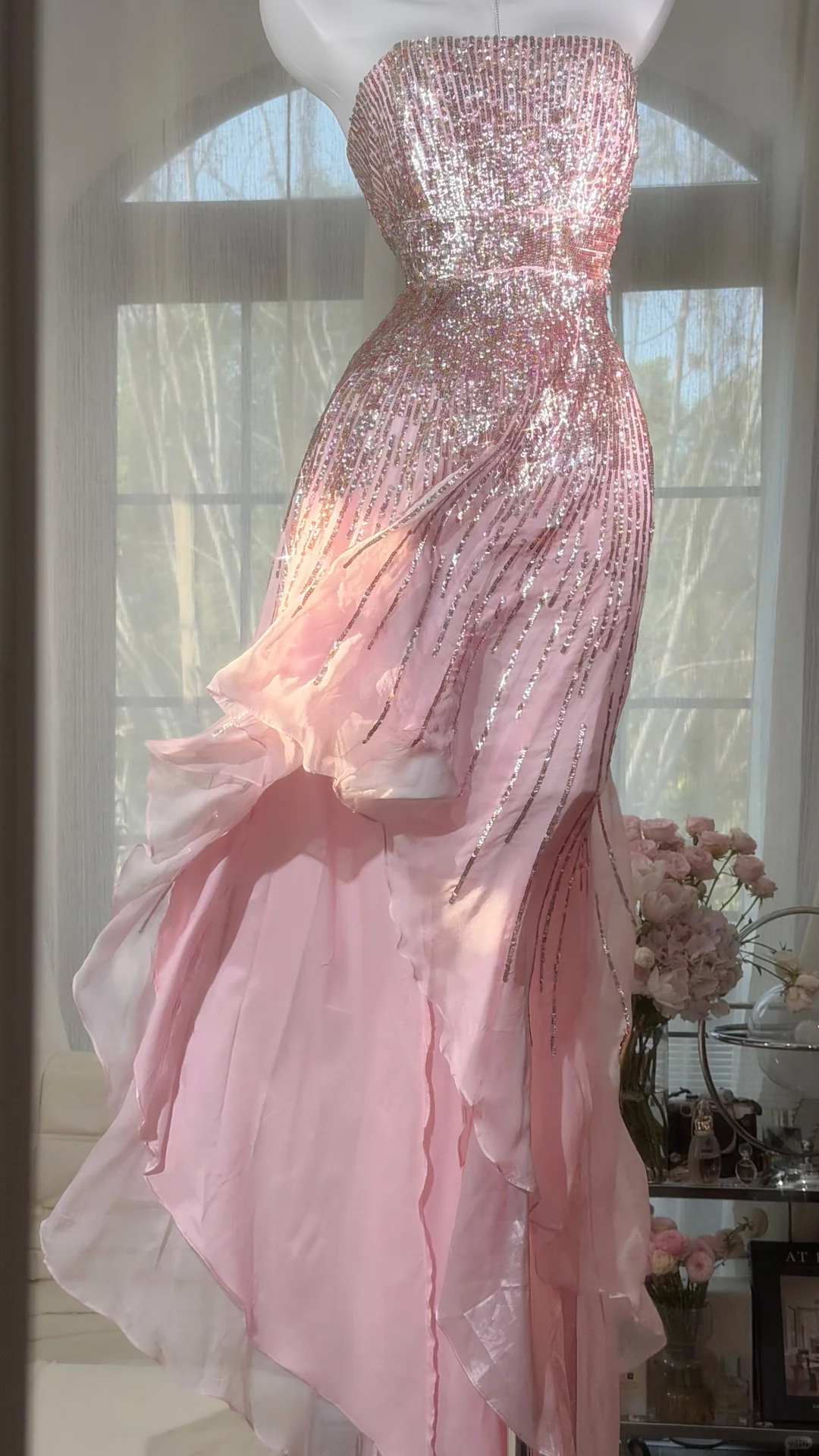 Pink Fairy A Line Strapless Shiny Sequin Chiffon Prom Dress Graduation Prom Dress SH5341