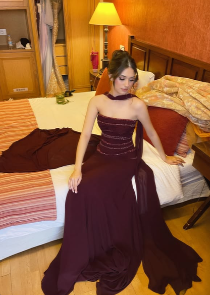Dark Burgundy A Line Strapless Beaded Chiffon Prom Dress Evening Dress SH6525