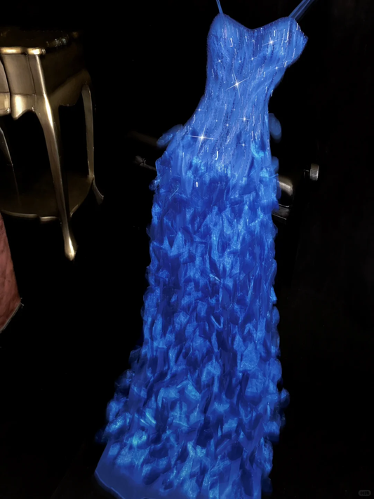 Royal Blue A Line Spaghetti Strap Beaded Appliques Chiffon Long Prom Dress Evening Dress SH3177