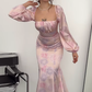 Pink Mermaid Long Sleeve Print Floral Satin Long Prom Dress Party Dress SH4847