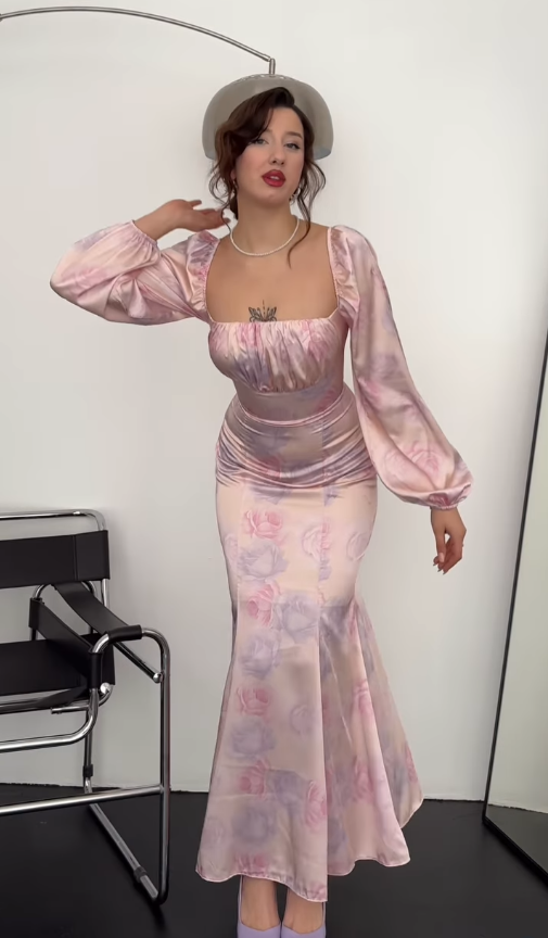 Pink Mermaid Long Sleeve Print Floral Satin Long Prom Dress Party Dress SH4847