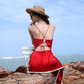 Burgundy A Line Spaghetti Strap Satin Open Back Short Homecoming Dress Vacation Dress Outfits SH3995