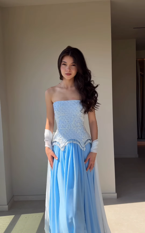 Beautiful Blue A Line Strapless Exquisite Beaded Chiffon Long Prom Dress Evening Dress SH6750