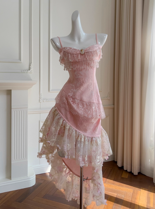 Pink A Line Spaghetti Strap Beaded Lace Homecoming Dress Birthday Dress SH4509