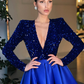Royal Blue A Line Long Sleeve Shiny Sequin Satin Prom Dress Evening Dress SH5592